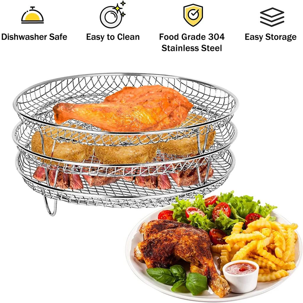 3-Layers Kitchen Air Fryers Rack Stainless Steel Oven Grilling Tray Shelf Square/Round Steamer Basket Home Cooking Accessories