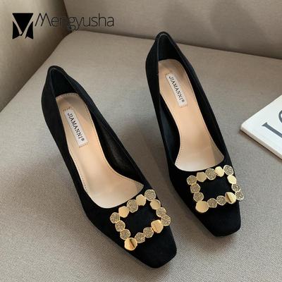 Модные бархатные туфли-лодочки женские брендовые дизайнерские туфли с металлической пряжкой и кристаллами на высоком каблуке с узором «гусиная лапка» OL женские рабочие туфли Femininos Bombas