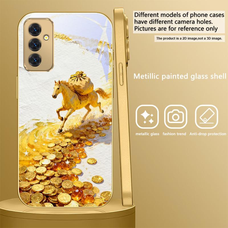 Золотая скачущая лошадь Для Samsung A 31 32 A33 A34 35 14 A15 13 A16 25 26 50 52 53 54 55 56 70 71 72 73 Золотой стеклянный чехол для телефона