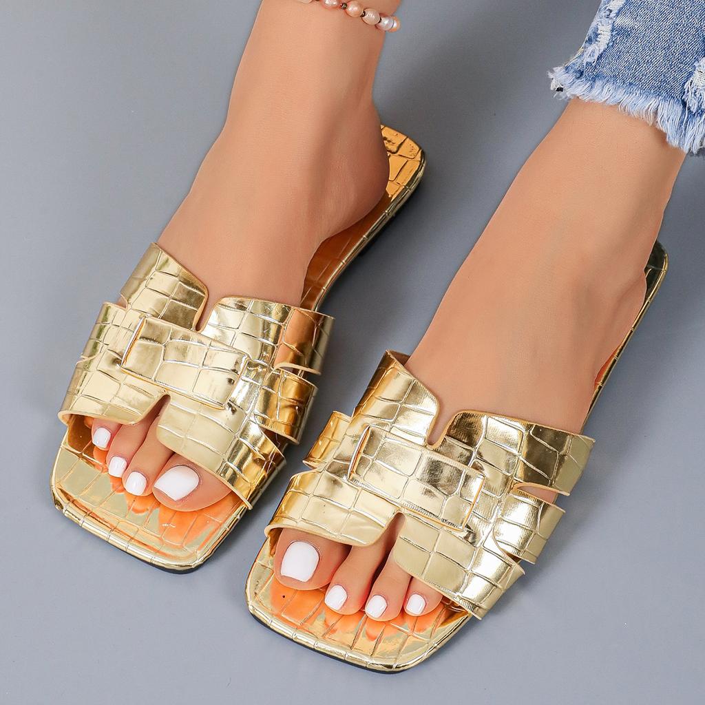 Золотистые открытые туфли на плоской подошве с каблуком, кожаные сандалии, тапочки для ванной, пляжная обувь, удобные сандалии без застежек для женщин