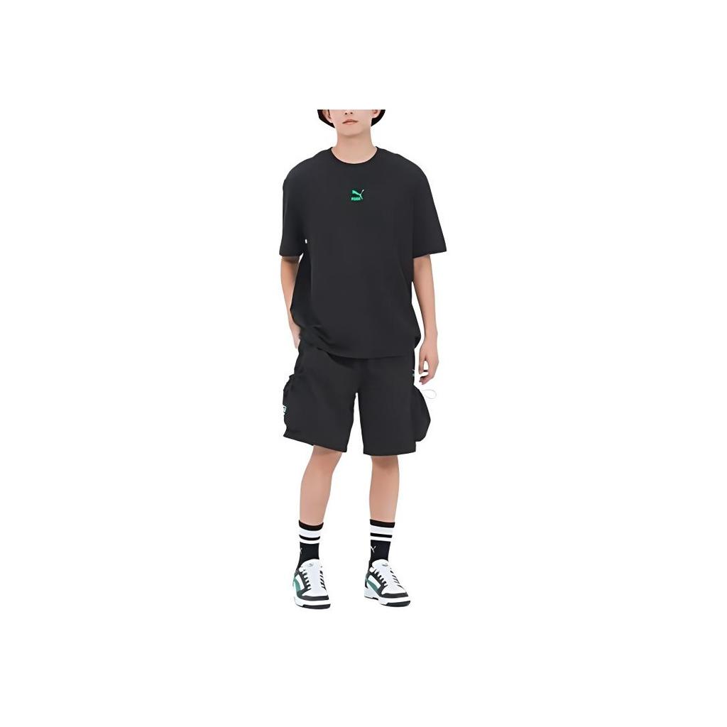 Puma Printed Logo Straight Cut Round Neck Cotton Short Sleeve Drop Shoulder T-Shirt Unisex T-Shirt Black 630111-01