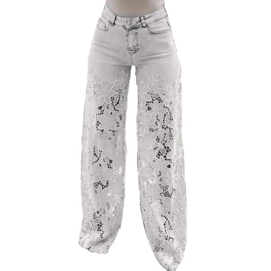 Women's Lace Patchwork Jeans Casual Baggy Straight Wide Leg Denim Pants Mid Waist Floral Hollow Out Jeans
