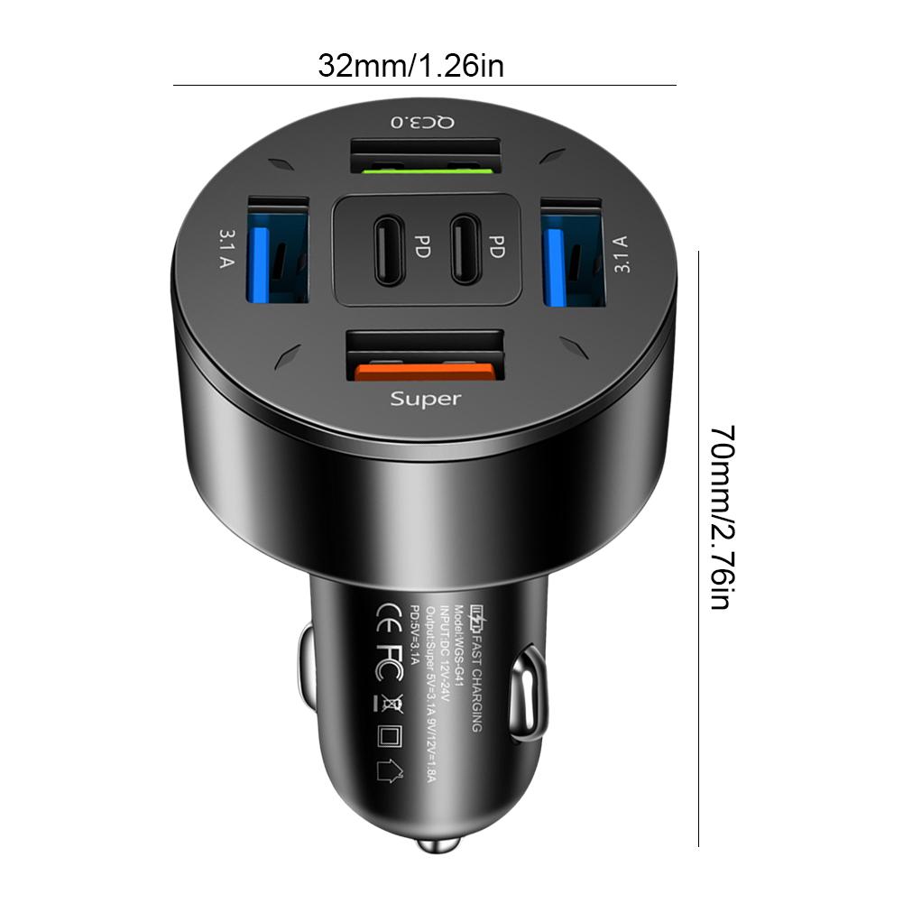 66 Вт 6-портовый автомобильный зарядный адаптер 12-24 В QC3.0 PD Type C зарядное устройство для мобильного телефона USB A+USB C для iPhone 15 14 Xiaomi Huawei Samsung