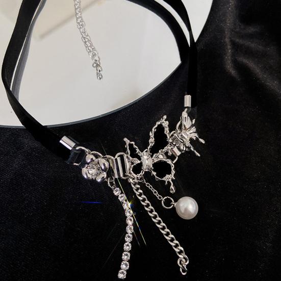Women Chokder with Butterfly Charm Faux Pearl Hollow Chain Tassel Decor Punk Dark Style Club Party Necklace Faux Leather Adjustable Necklace