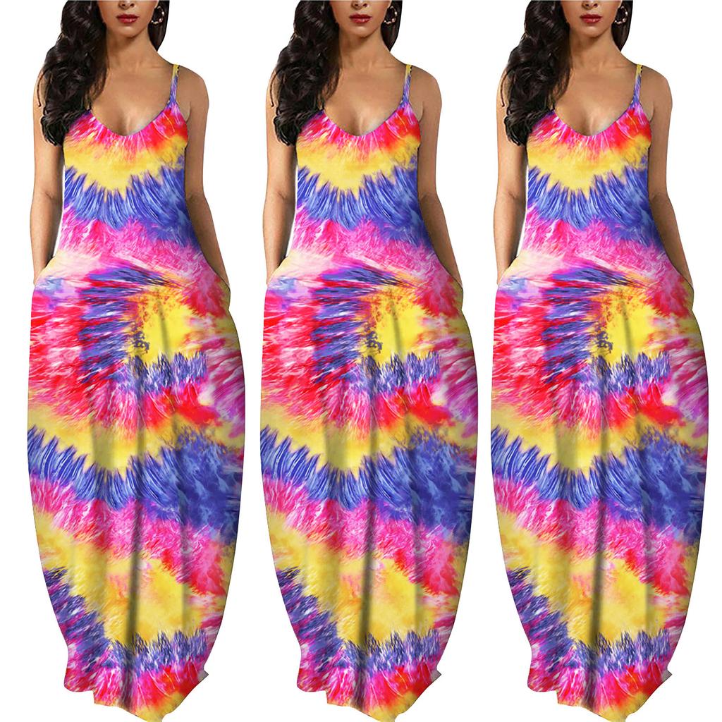 Women Gradient Tie-Dye Sleeveless V Neck Maxi Dress Sundress Beach Long Dres