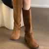 Модные женские сапоги до колена 2025 Осенняя мода Круглый носок Платформа Металлическая пряжка Замшевая кожа Длинные сапоги Нескользящие Ретро ковбойские сапоги
