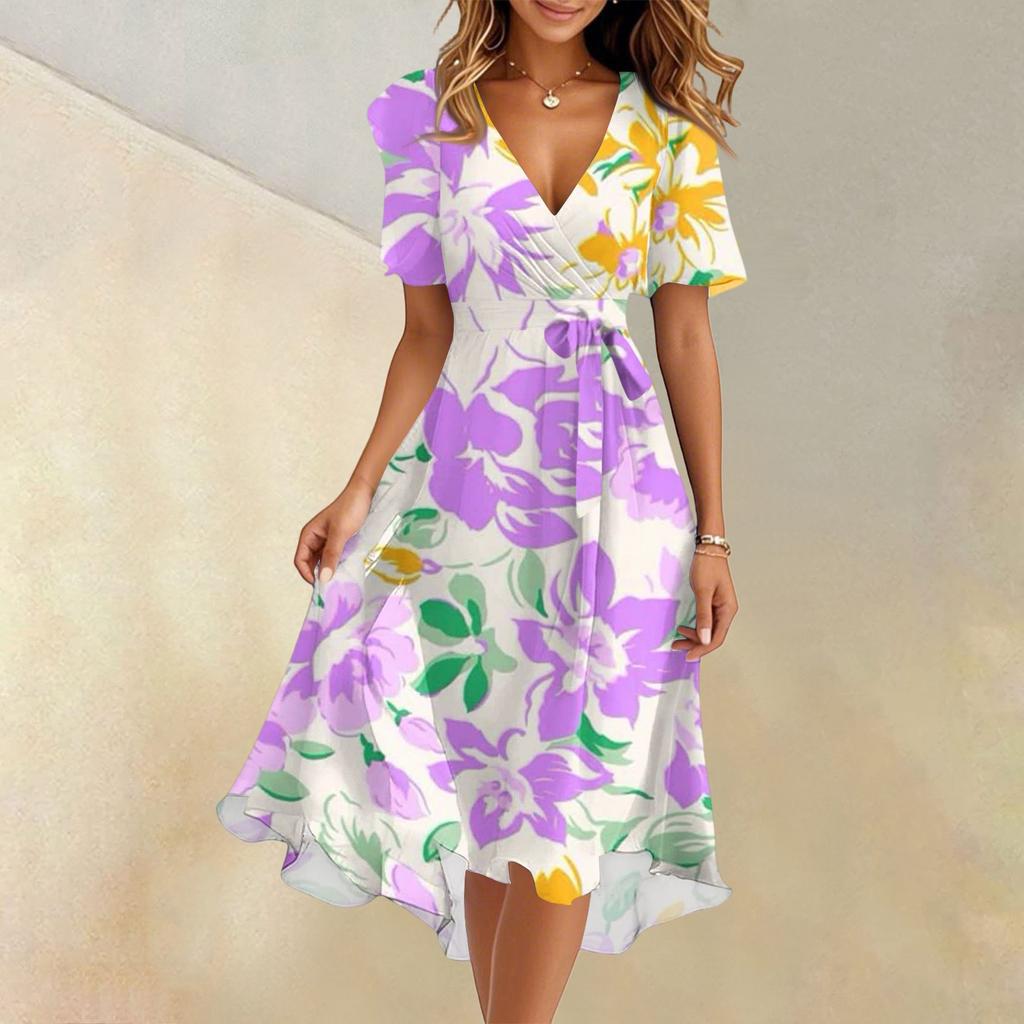 Женское летнее модное расклешенное платье с V-образным вырезом и короткими рукавами с цветочным принтом