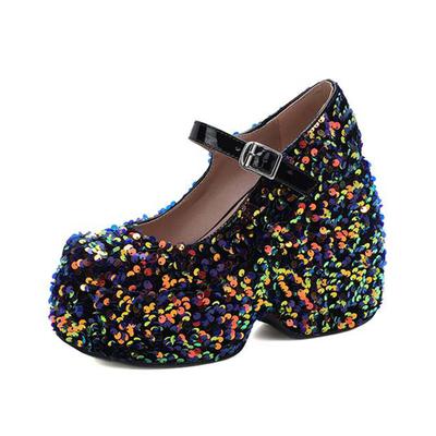 Ткань с пайетками Весна Осень Размер 43 Женские туфли на платформе Супервысокий каблук Женские туфли с круглым носком Водонепроницаемые Блестящие туфли