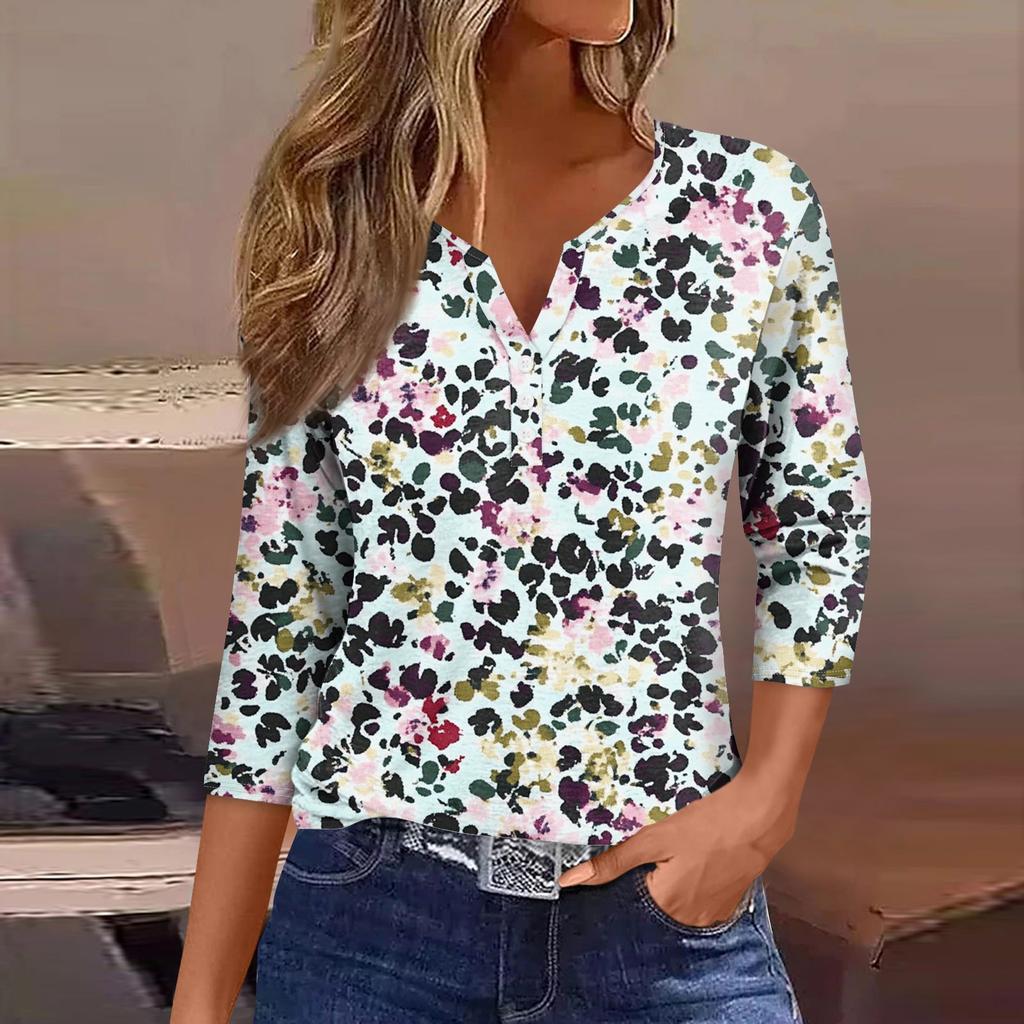 Женская модная повседневная футболка с коротким рукавом и V-образным вырезом, декоративными пуговицами и рукавом три четверти