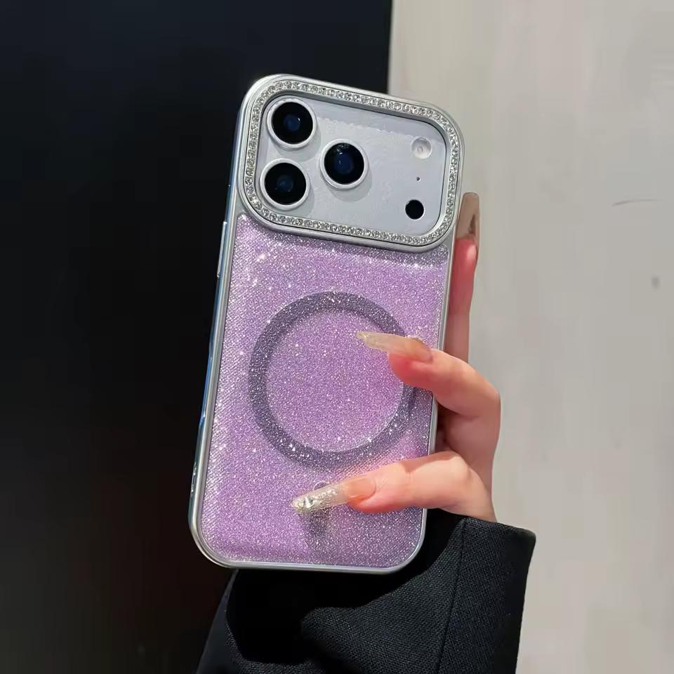 Роскошный блестящий чехол с магнитным глиттером и бриллиантами для iPhone 17 Air 16 15 14 13 12 11 Pro Max Plus для Magsafe, бампер с гальваническим покрытием