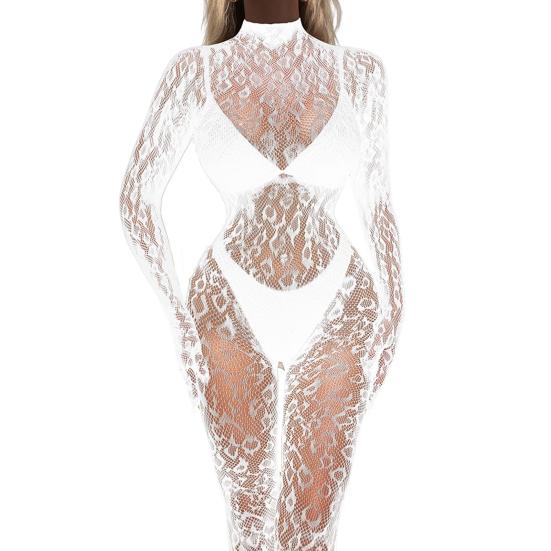 Женский сексуальный комбинезон с вырезом, прозрачный, кружевной, с сеткой, длинные рукава, высокая эластичность, тонкий