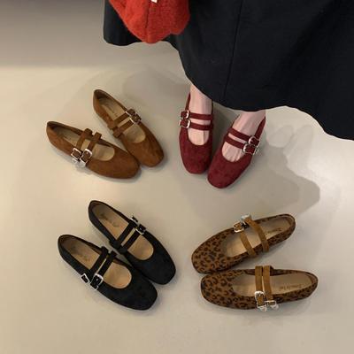 2025 новые замшевые туфли с круглым носком и ремешком с одной пряжкой, на внутреннем танкетном каблуке, с неглубоким вырезом, универсальные, тонкие, для работы, с мягкой подошвой, леопардовым принтом, женские