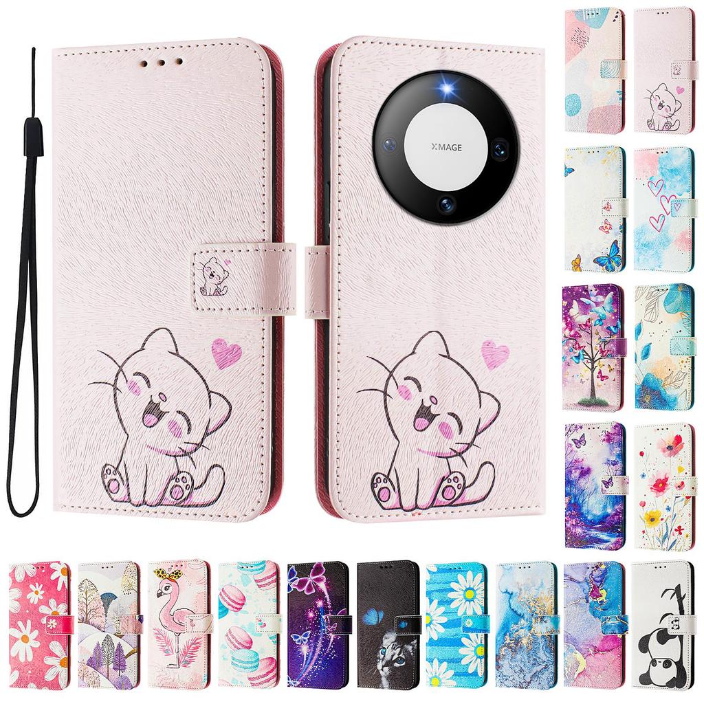 Cute Cat Luxury Painted Leather Case Wallet PU Leather Book Style Cover for Huawei P20 P30 P40 P50,Pura 70,Mate 60,Mate 70,Honor 50...