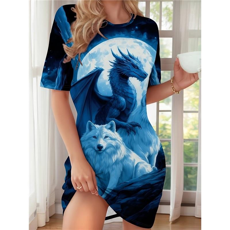 Tie Dye Angel Print Women T Shirt Dress Short Sleeve Loose Casual Mini Dress For Home