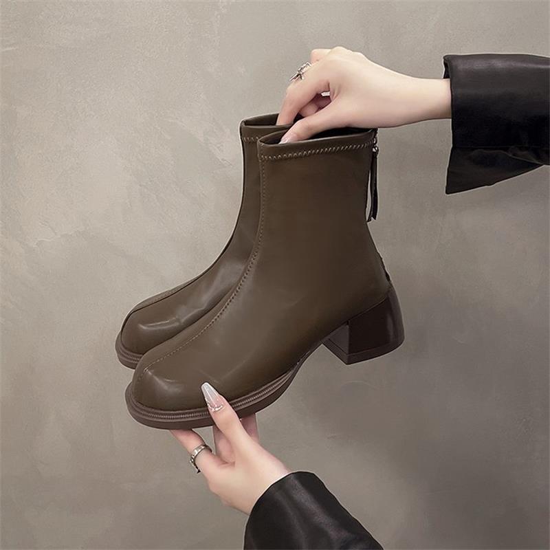 Короткие сапоги на грубом каблуке женские туфли осень 2024 новые тонкие сапоги высокие каблуки ботинки Martin универсальный темперамент голые сапоги