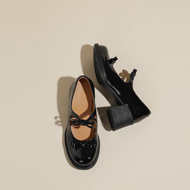French Retro High-heeled Mary Jane Shoes Women's Spring and Summer New Light-mouth Bow Single Shoes Women's Round Head Thick-heeled Small Leather