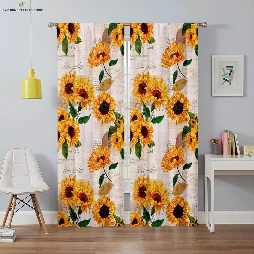 Шторы с цветочным и подсолнечным принтом, черный шелк, светонепроницаемые шторы, подходят для спальни, гостиной, кабинета, 2 штуки