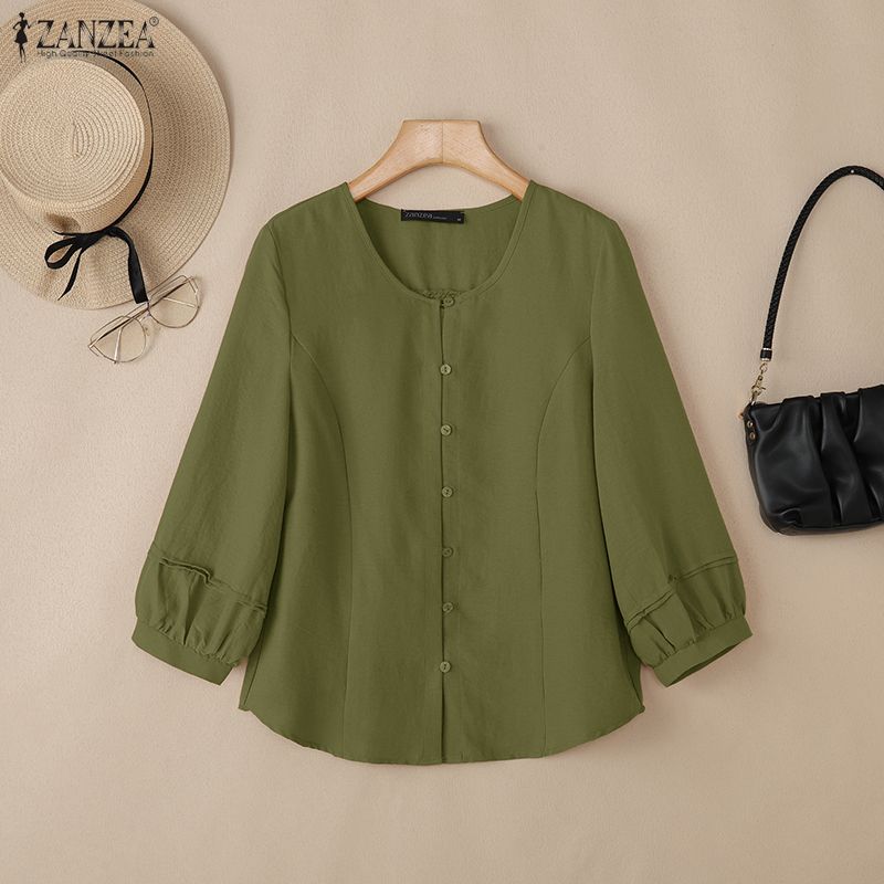 ZANZEA Женская повседневная однотонная блузка с круглым вырезом и рукавом 3/4