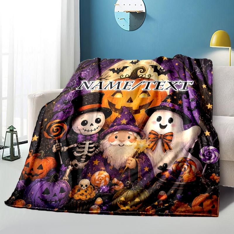 1PC Custom Name Halloween Night Celebration outdooor Flannel blankets Throw Blanket All-Season Throw Gift Bedspread for Couch, Bed, Camping Holiday Bi