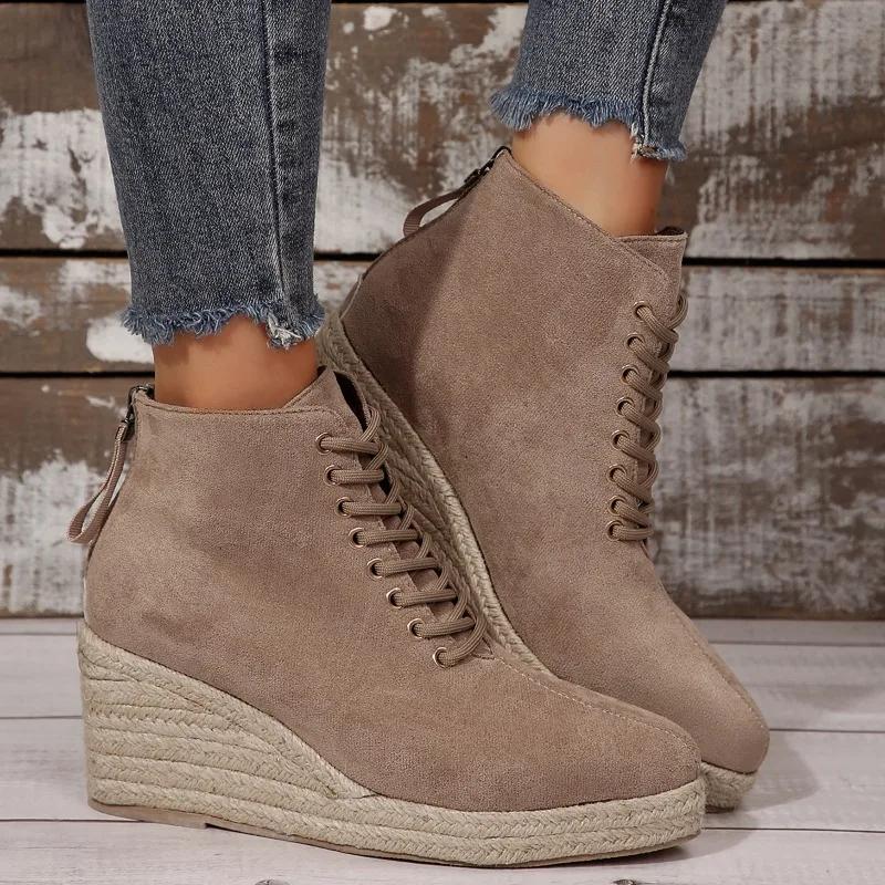 2024 Новые модные однотонные женские ботинки на танкетке со шнуровкой и толстой подошвой, удобная верхняя одежда, женская обувь с застежкой-молнией сзади