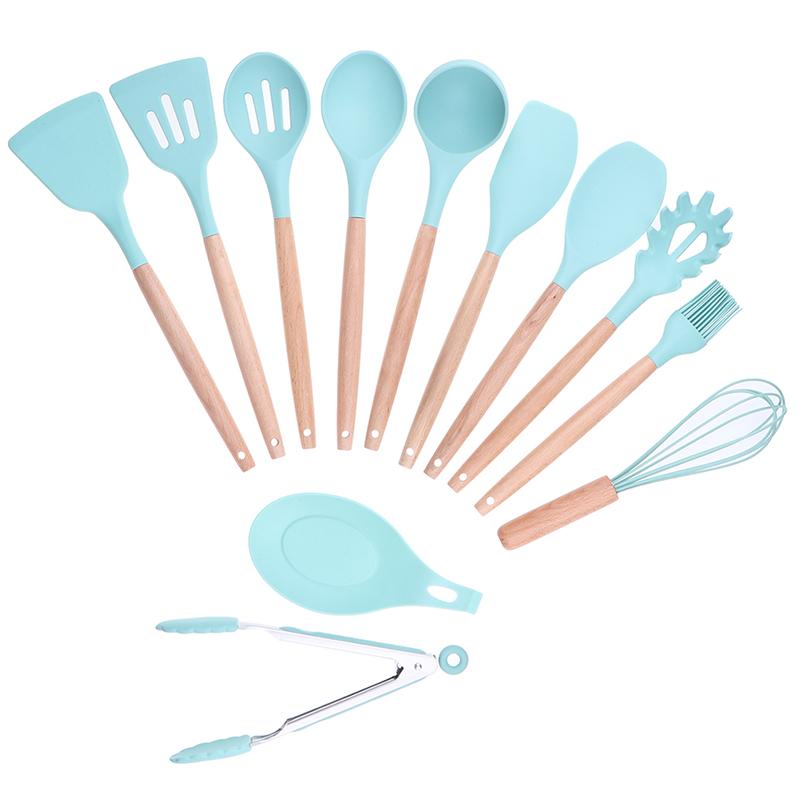Силиконовый набор кухонных принадлежностей для приготовления пищи с бамбуковыми деревянными ручками