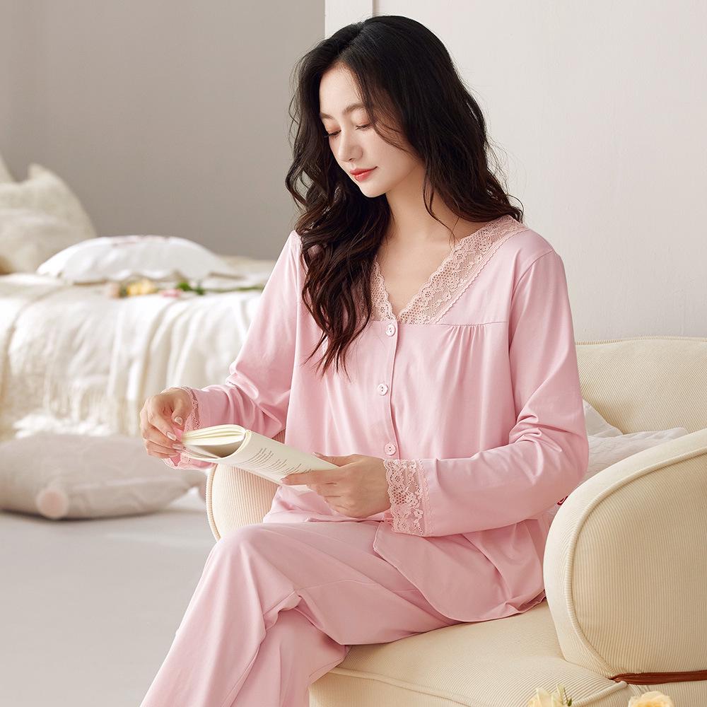 Женский пижамный комплект с V-образным вырезом и длинными рукавами - Хлопок с лайкрой, Сладкий и удобный для дома или выхода.