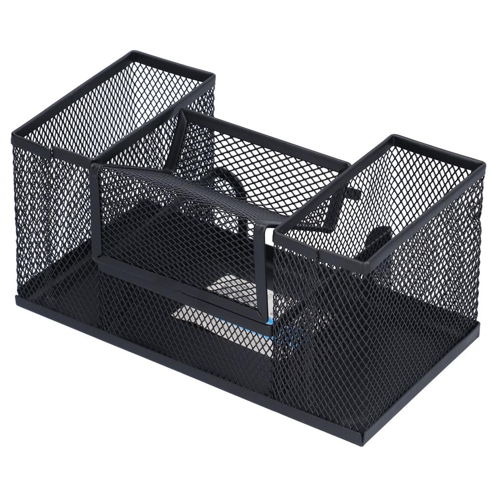 Pen Holder Metal Rectangular Grid Pencil Container Black Desk Storage Box for Office