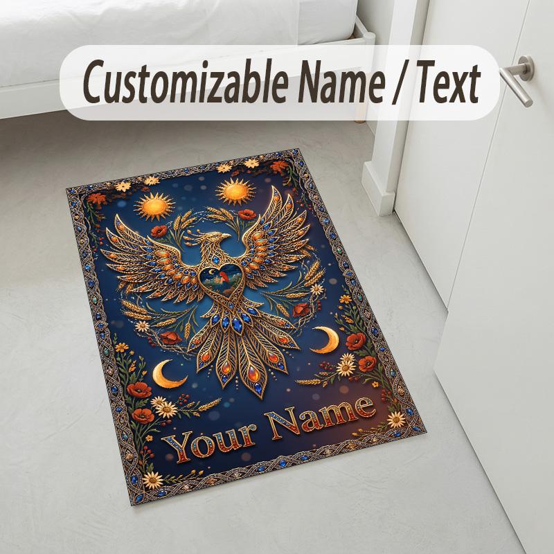 Dragon Phoenix Theme Crystal Velvet Rug Personalized Custom Name Text Soft Floor Mat Home Decor