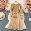 Autumn Winter New French Retro Knee Length Sweater Dress Fashion Round Neck Lantern Sleeve Knitted Dress