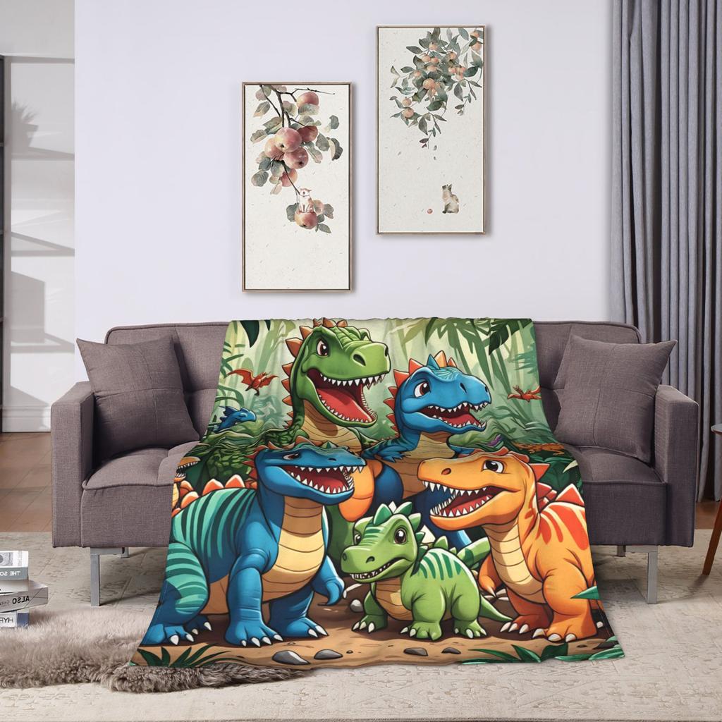Comfortable Throw Blanket Picnic Colorful Smiling Cartoon Dinosaur 5 Blanket Flannel Bedspread For Sofa Home Sofa Bed Cover