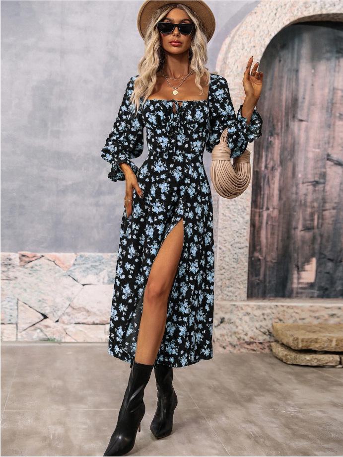 2025 Spring & Autumn European-American Bohemian Backless Print Long Sleeve Dress