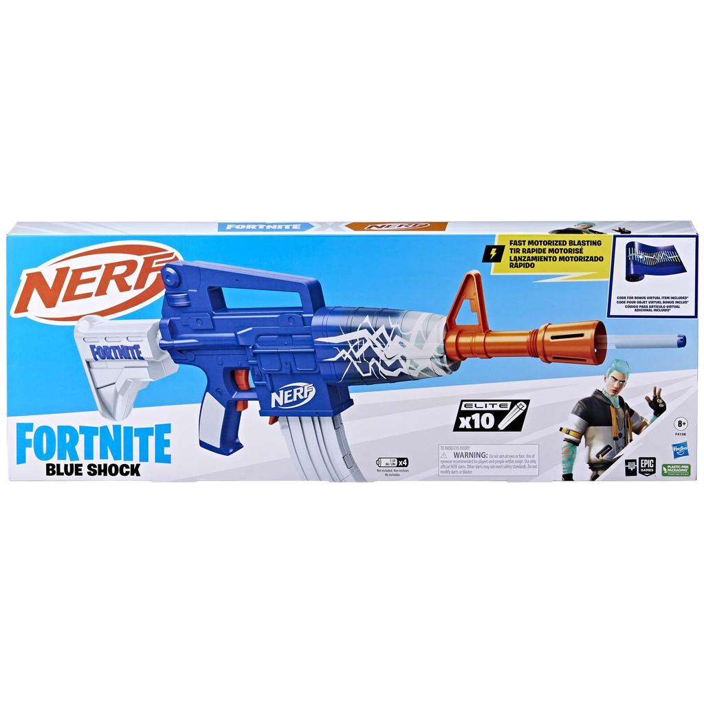 Hasbro Nerf Fortnite Синий 10 Элитный эксклюзивный виртуальный предмет моторизованный для возраста 8 лет и старше аутентичный Шок, обойма на 10 стрел, стрелы, код, бластер, (F4108),