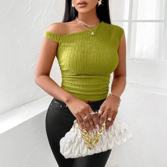 Женские топы Асимметричный дизайн Обычная посадка Топы Асимметричный косой воротник Короткий рукав