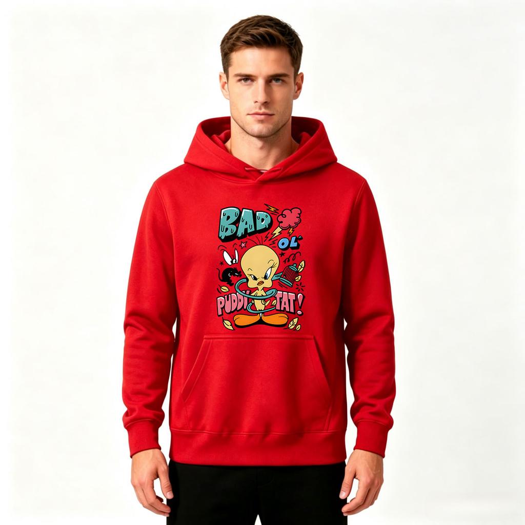 Men's Bad Ol' Puddy Tat Cartoon Printed Pullover Hoodie Casual Long Sleeve Sweatshirt