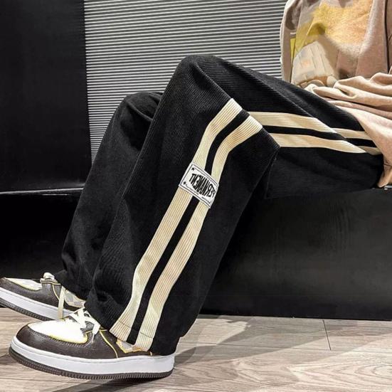 Men Pants Drawstring Elastic Waist Wide Leg Striped Retro Solid Color High Street Full Length Loose Soft Breathable Men Sweatpants Trousers
