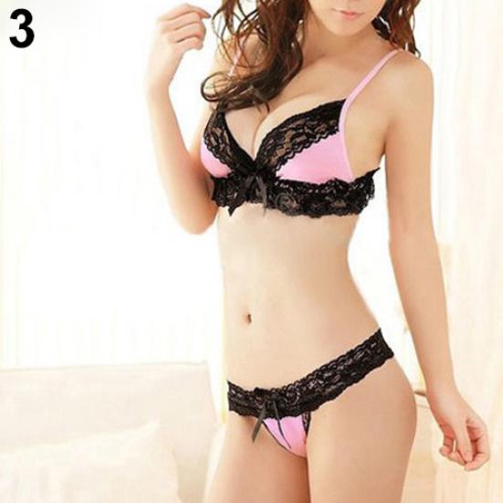 Женщины сексуальный сладкий Babydoll полые стринги стринги бикини кружевной бюстгальтер комплект нижнего белья