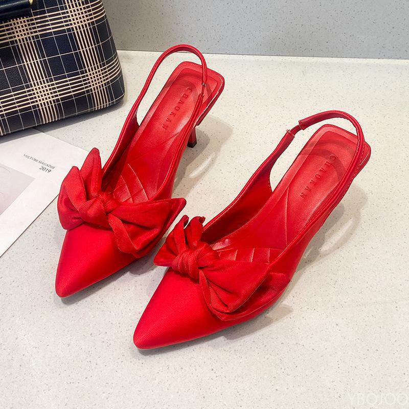 Модная удобная обувь для женщин Туфли-стилеты с бантом Заостренные Летний костюм Женский Фиолетовый Большой размер Новые Босоножки Баотоу на низком каблуке