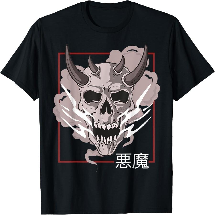 Unisex T-shirt Japanese demon art face skull Shirt Oni Harajuku T-Shirt