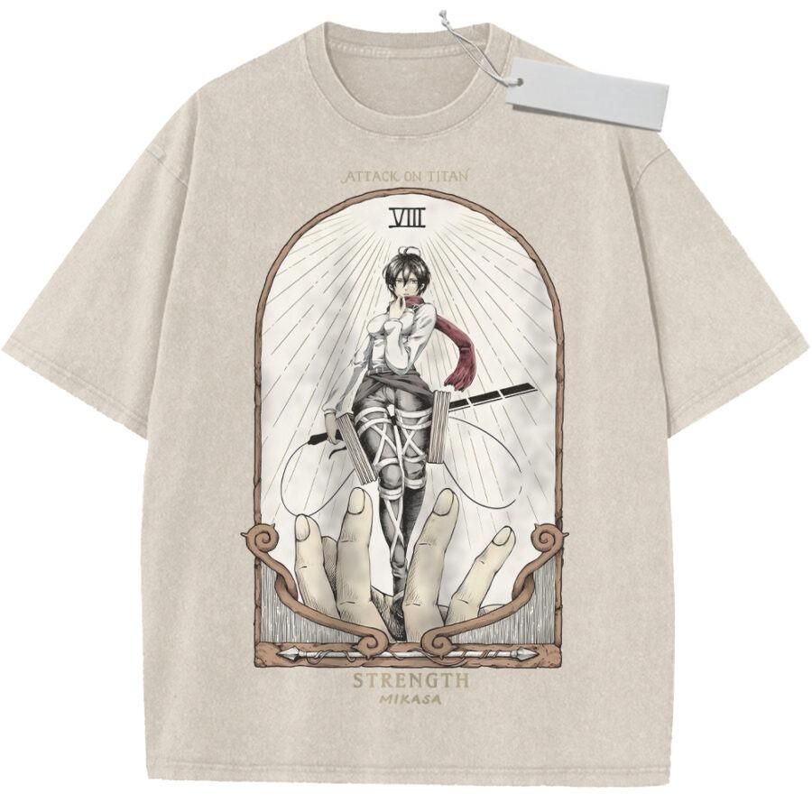 Unisex Black Washed Vintage T Shirt Attack on Titan Strength Mikasa Key Visual High Quality Fabric for Casual Shopping