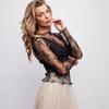 Women Half Turtleneck Lace Floral Mesh Slim Fit Long Sleeve Base Top