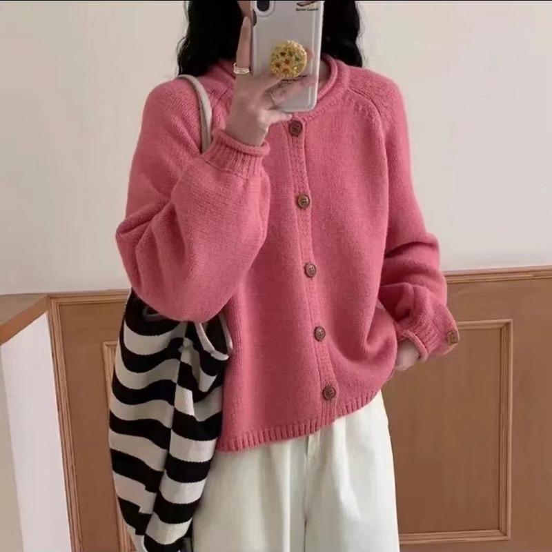 Вязаный кардиган новый однобортный свободный круглый вырез корейской версии утягивающий красный свитер куртка с подвернутыми краями