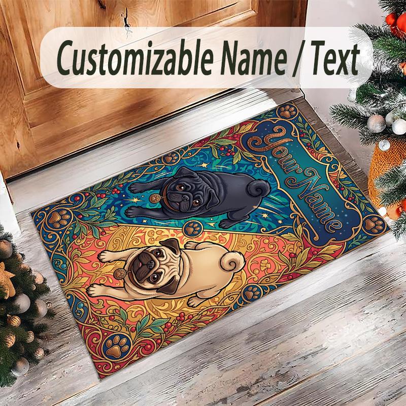 Pug Theme Crystal Velvet Floor Rug Personalized Custom Name Text Warm Carpet Home Decoration
