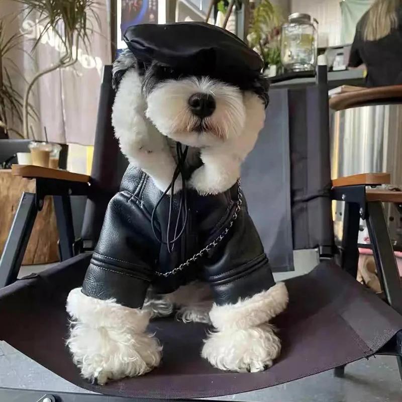 Winter Dog Coat Jacket Faux Leather Fleece Teddy Warm Pet Puppy Clothing Apparel