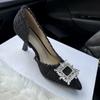 Роскошные туфли-лодочки со стразами и квадратной пряжкой, женские фирменные босоножки с острым носком из твидовой ткани на высоком каблуке, элегантные женские туфли для вечеринок