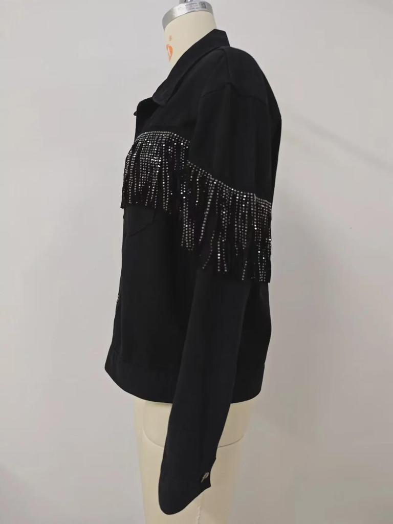 2024 Spring Women's Black Denim Jacket with Rivet & Tassel Details