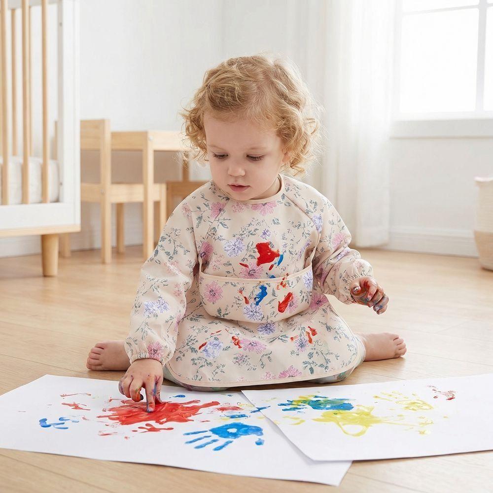 Waterproof Toddler Long Sleeve Apron Soft Baby Rice Pocket Smock Child Feeding Bib Painting