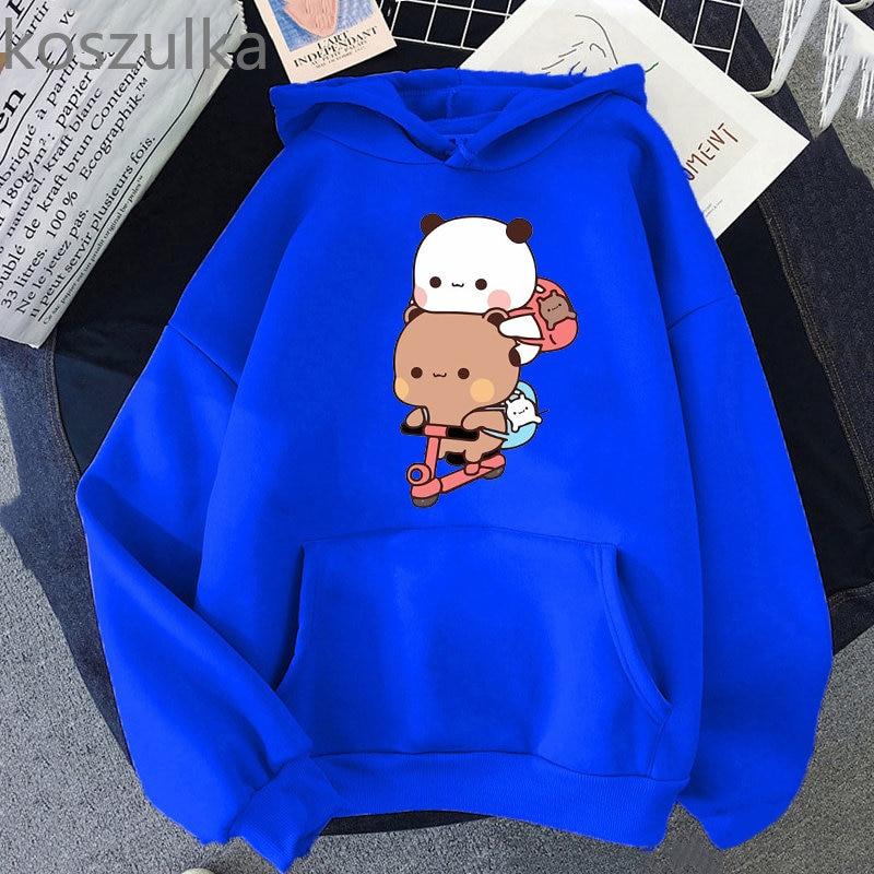 Women Kawaii Panda Bear Bubu and Dudu Hoodie Cute Couple Are Doing Exercise Sweatshirt Girls Pocket Clothes Men Tops Long Sleeve