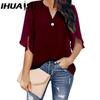 IHUASU Women's Fashion Casual Solid Color Print Short Sleeve V Neck Blouses & Shirts