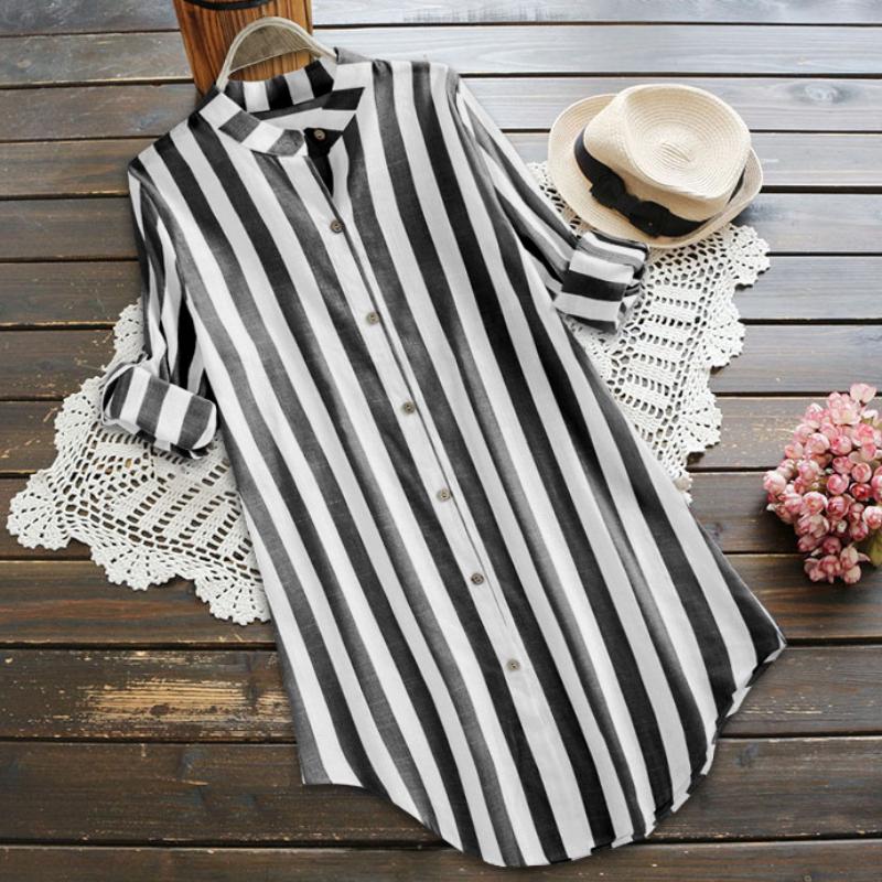 Spring Women's Fashion Striped Long-sleeved Women's Shirt Casual Plus Size Cotton and Linen Women's Shirt