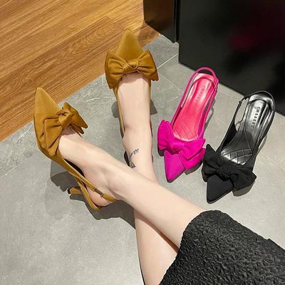 Летние брендовые женские сандалии с открытой пяткой, 7 см, модные женские элегантные модельные туфли-лодочки без шнуровки с острым носком и бантом